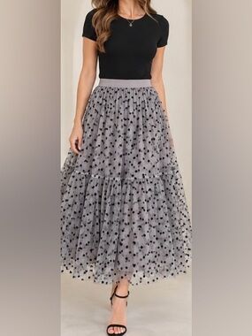 Chicwish Gray Tulle Midi Skirt with Black Polka Dots